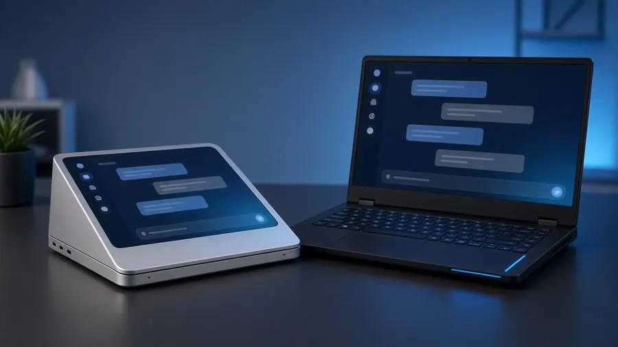 Compact mini PC and a laptop on a desk, both running a local AI chat
