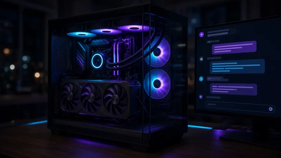 Gaming PC with RGB lighting next to a monitor running a local AI chat