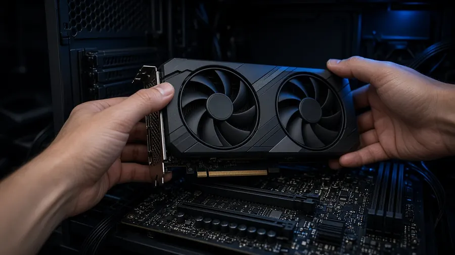 Hands installing a graphics card into a PC motherboard slot
